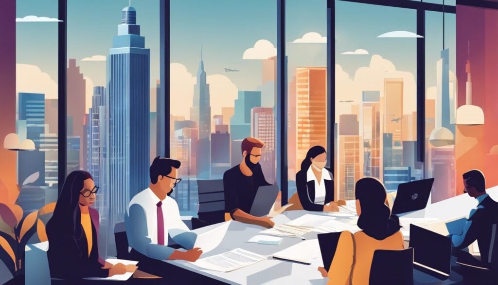 Een groep leden van non-profitorganisaties bespreekt boekhoudprogramma's in een moderne kantooromgeving.