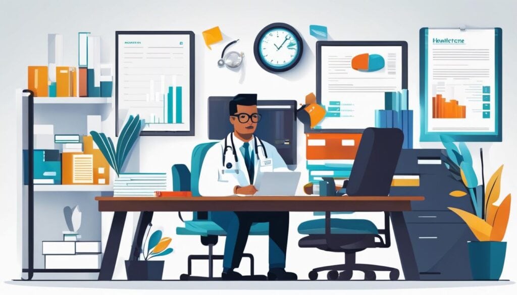 Een zorgprofessional gebruikt efficiënt boekhoudprogramma te midden van georganiseerde papieren en kantoorbenodigdheden.