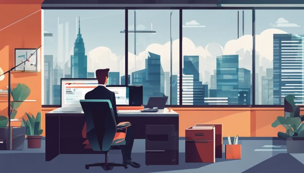 Een accountant analyseert financiële gegevens in een modern kantoor met een geordende werkplek en geavanceerde technologie.