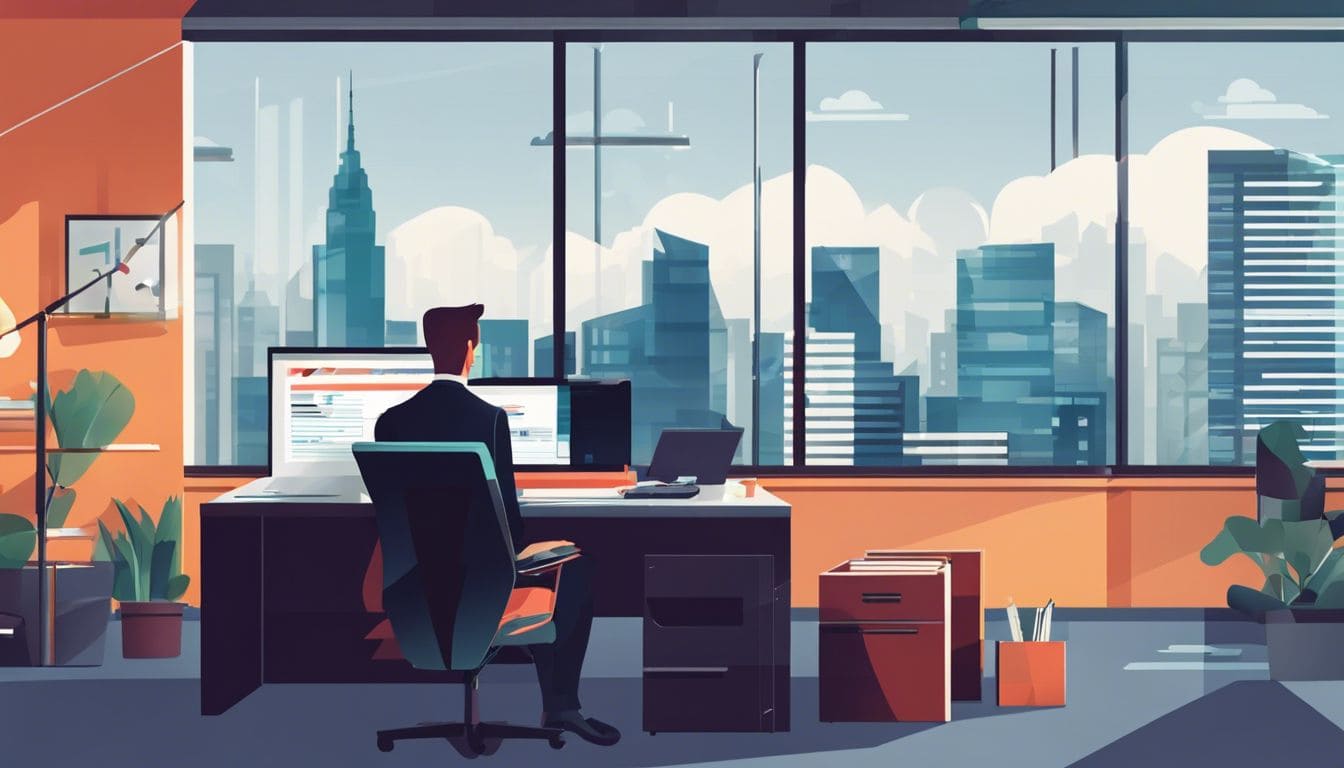 Een accountant analyseert financiële gegevens in een modern kantoor met een geordende werkplek en geavanceerde technologie.