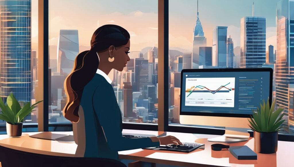 Een professionele vrouw vergelijkt boekhoudsoftware in een modern kantoor.