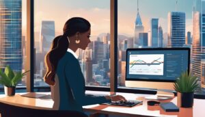 Een professionele vrouw vergelijkt boekhoudsoftware in een modern kantoor.