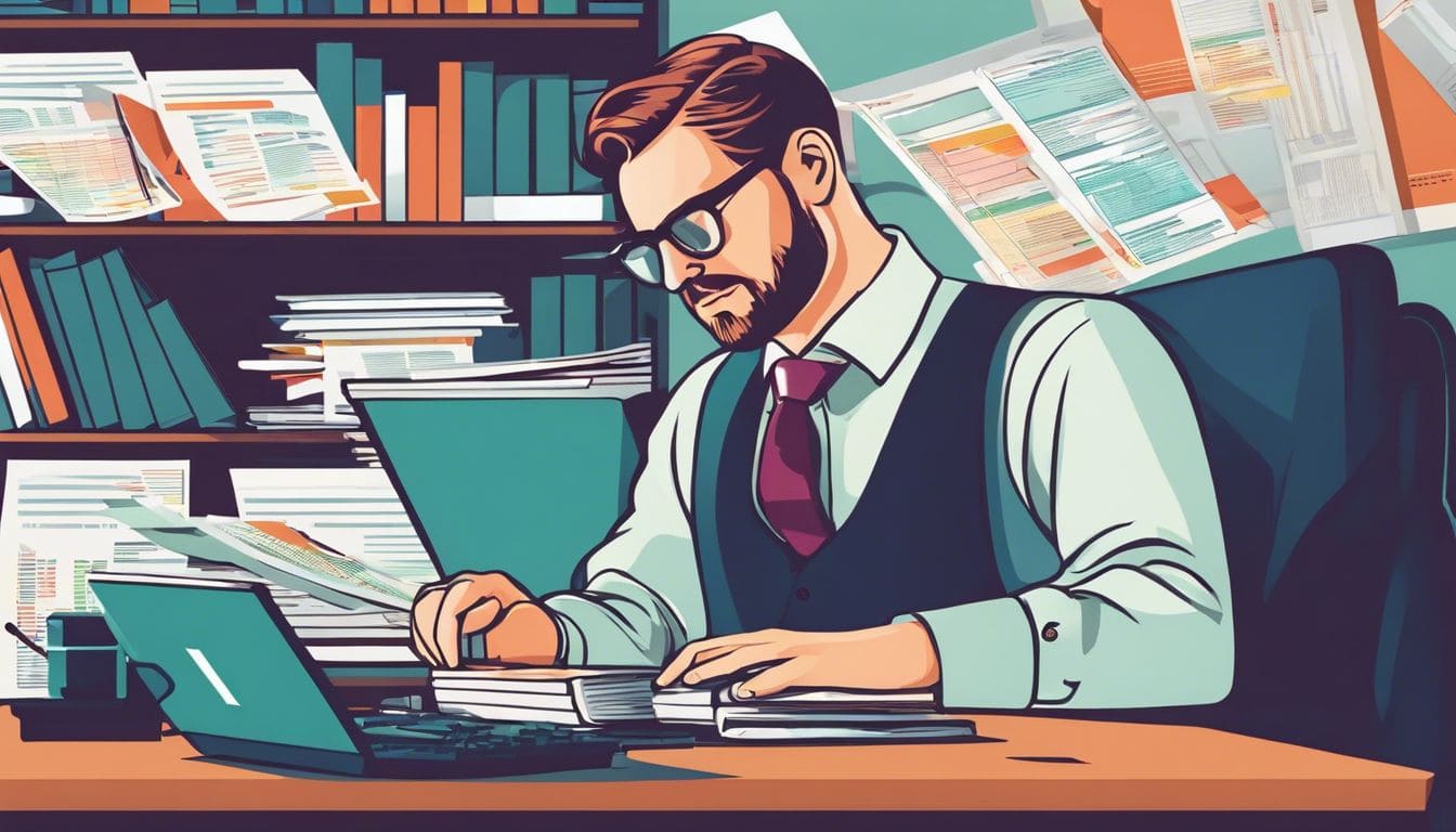 Een kerkelijke accountant werkt geconcentreerd aan financiële documenten op de computer.