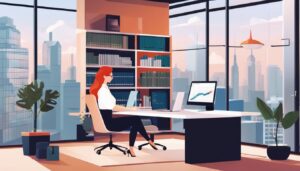 Een therapeut gebruikt boekhoudsoftware in een moderne kantooromgeving.