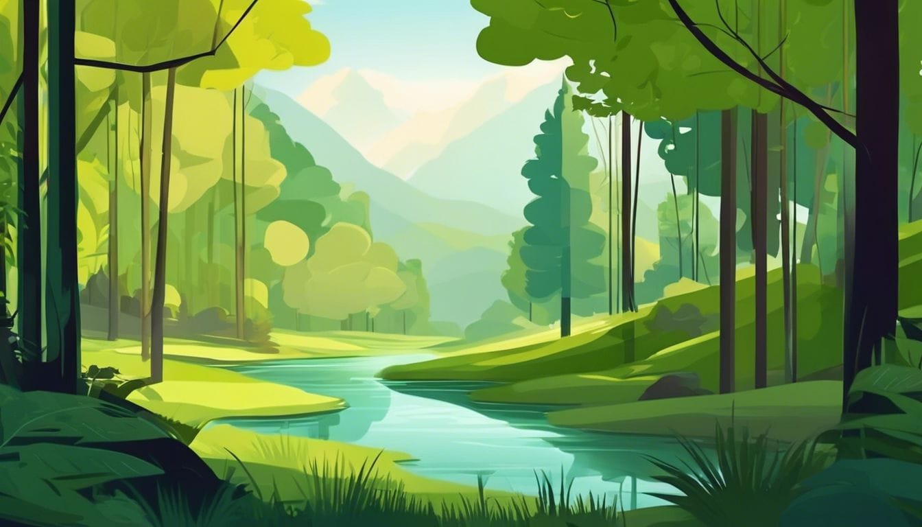 Een vredig bos met een kalmerende beek en weelderige vegetatie.