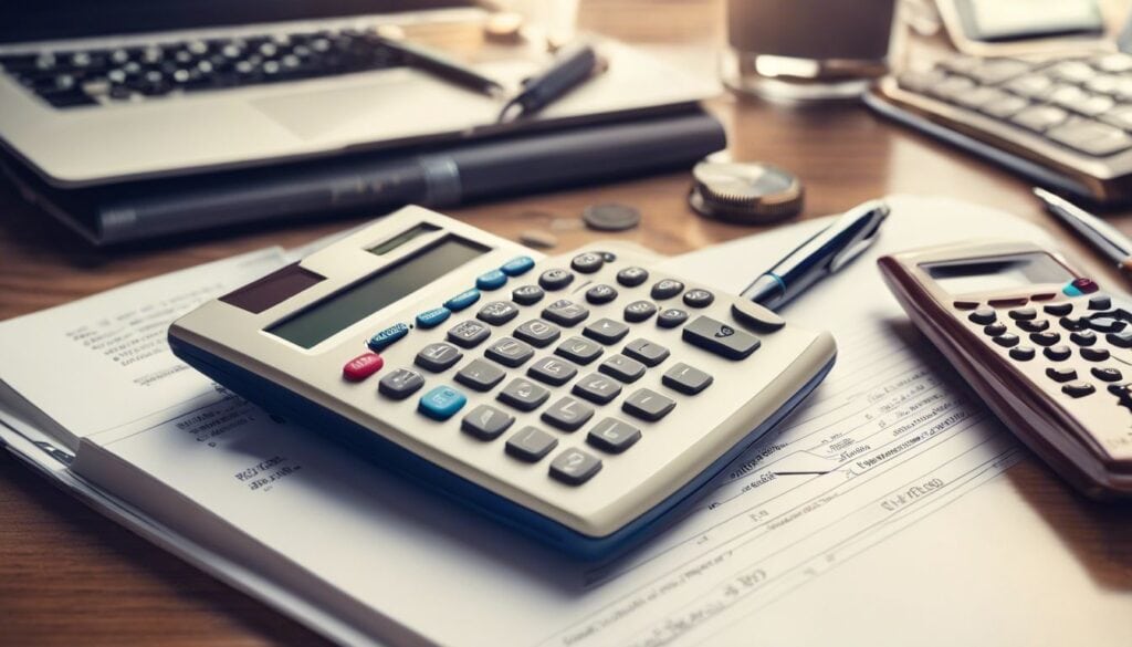 Financiële stilleven met rekenmachine, pen en grootboek op bureau.