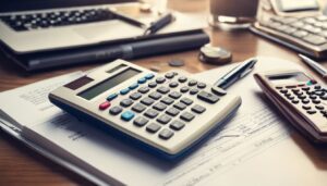 Financiële stilleven met rekenmachine, pen en grootboek op bureau.