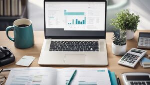 Een opgeruimd bureau met laptop, rekenmachine en georganiseerde financiële documenten.'