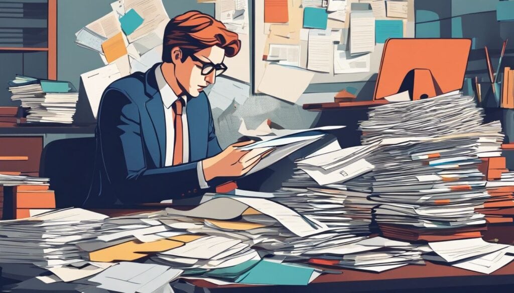 Een vermoeide zakenman organiseert papierwerk op een rommelig bureau.