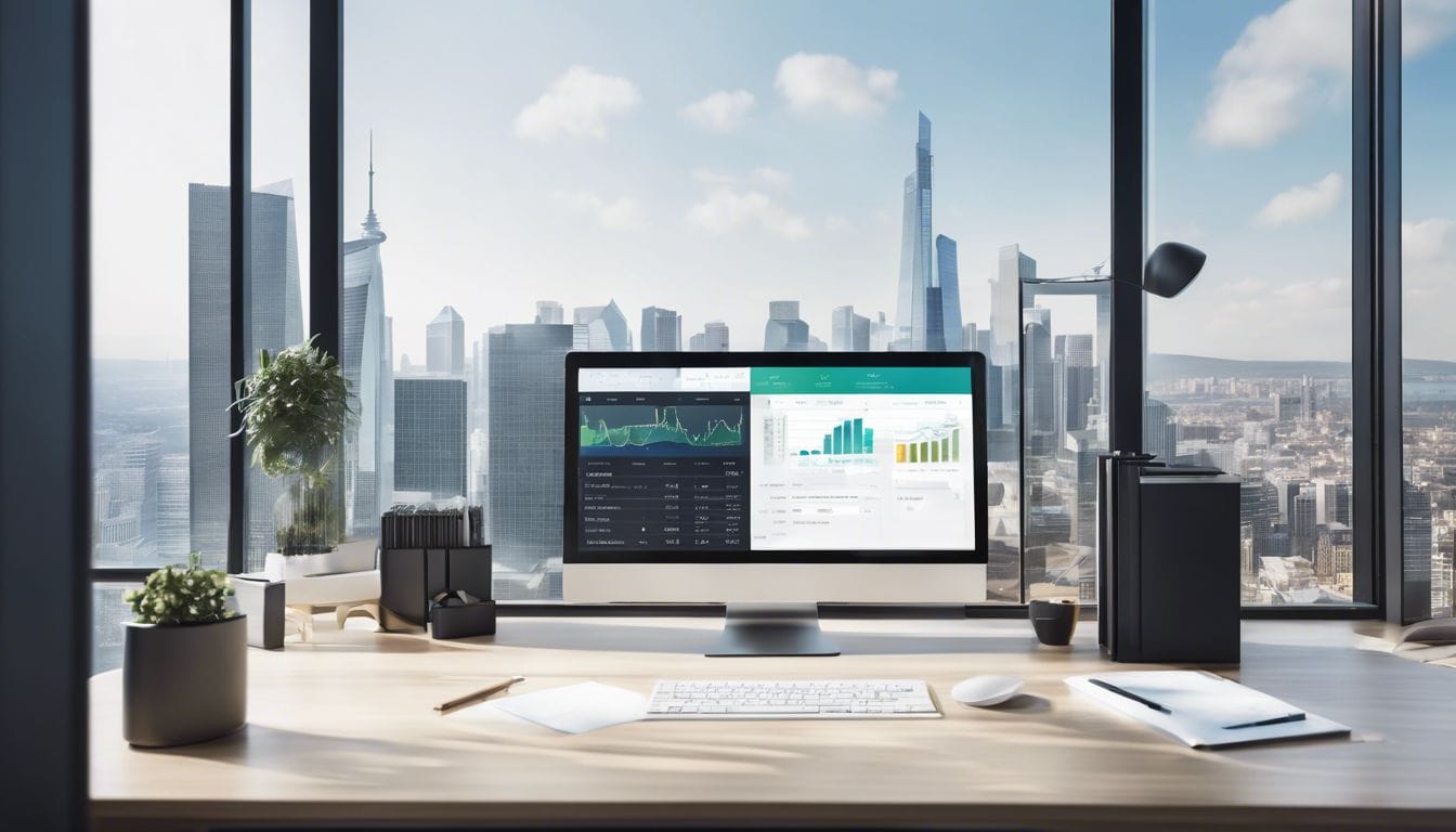 Een close-up van een modern digitaal boekhoudsoftware-interface in een stijlvol kantoor. Een close-up van een modern digitaal boekhoudsoftware-interface in een stijlvol kantoor.