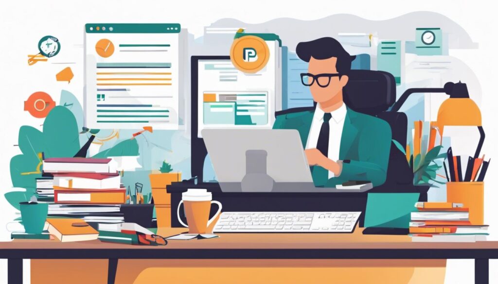 Een persoon werkt druk op een rommelig bureau met een computer.