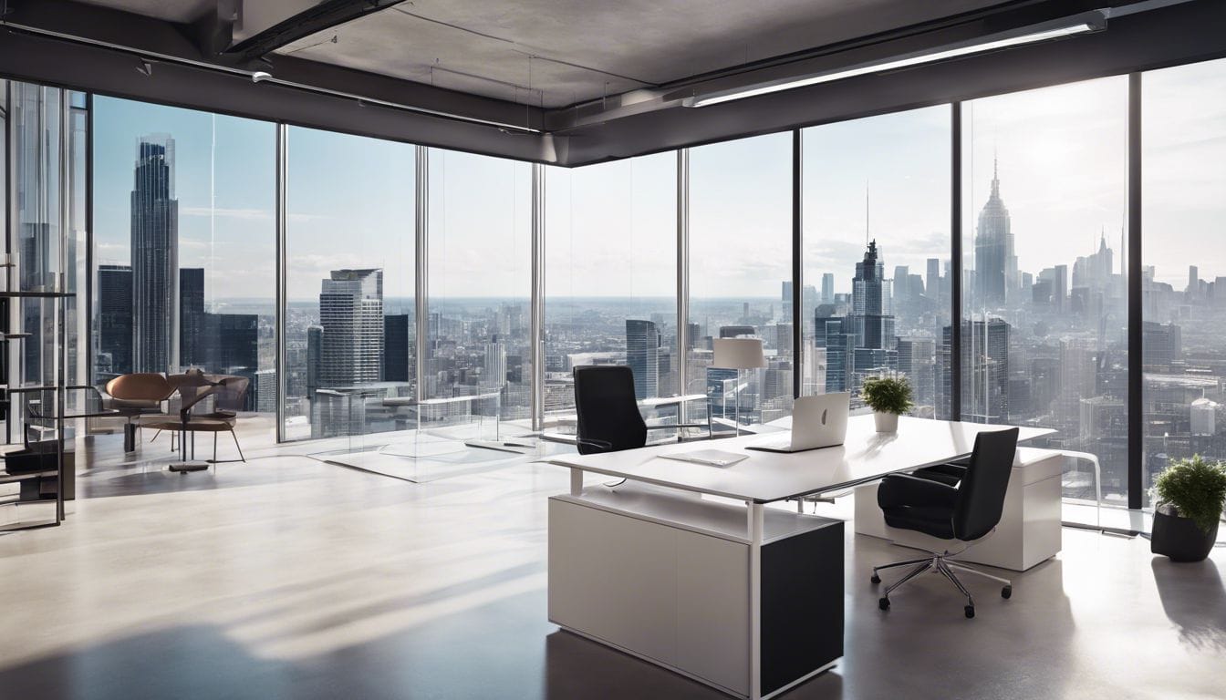 Een jonge professional in een modern kantooromgeving werkt met financi&euml;le documenten en maakt stadsgezichtfoto's.