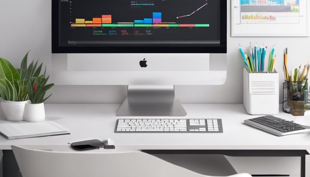 Een moderne kantoorwerkplek met computer en CASH Software.
