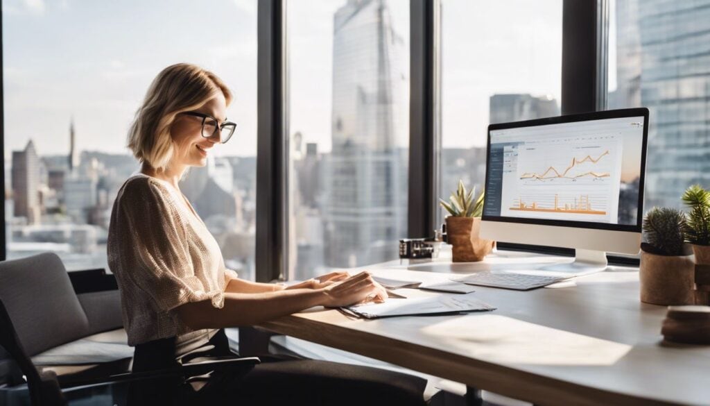 Een kleine ondernemer gebruikt Ciel boekhoudsoftware op een opgeruimd bureau.
