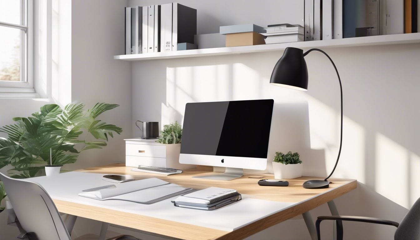 Een opgeruimd bureau met georganiseerde bestanden en een digitale kalender in een moderne kantooromgeving.