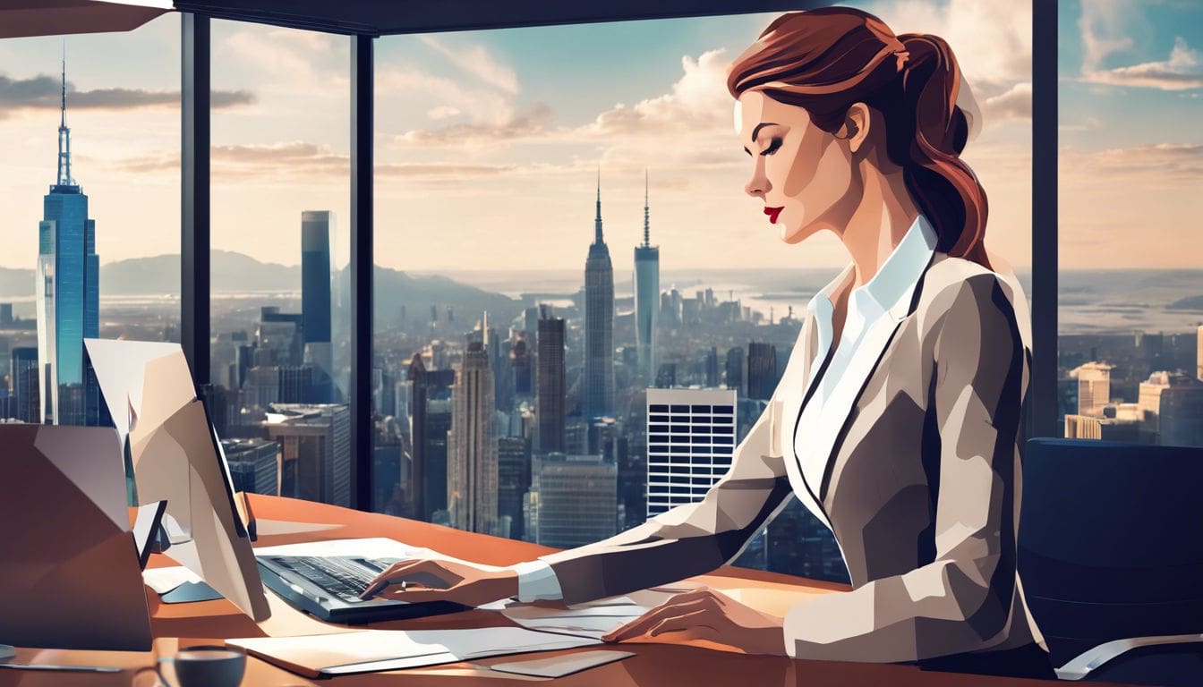 Een professionele zakenvrouw gebruikt hoogwaardige commerciële managementsoftware op haar kantoor met stadsgezichtachtergrond.