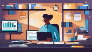 Een boekhouder werkt aan een opgeruimd bureau met moderne boekhoudsoftware.