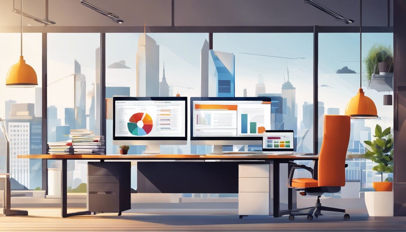 Een opgeruimd kantoorbureau met boekhoudsoftware en transportbedrijfsdocumenten.