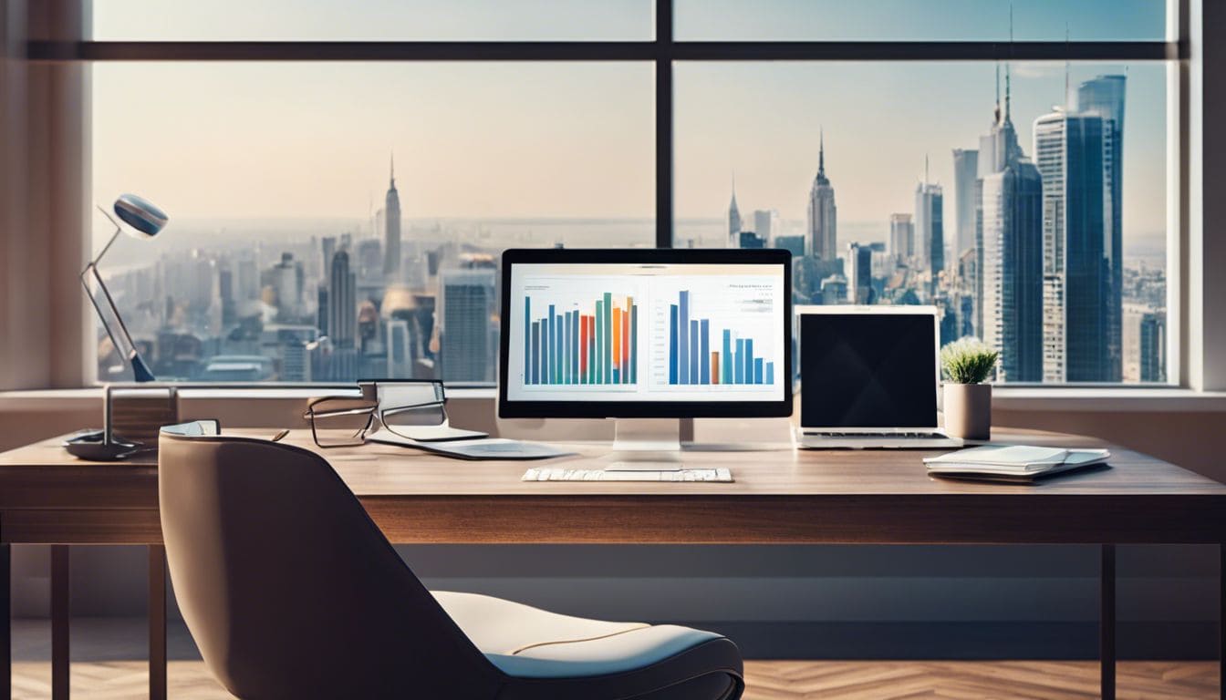 Een goed georganiseerd bureau met financiële dossiers en zakelijke accounts, stadsgezichtenfotografie, nadruk op moderne technologie en efficiëntie, met een subtiele toets van verfijning en professionaliteit. Een goed georganiseerd bureau met financiële dossiers en zakelijke accounts, stadsgezichtenfotografie, nadruk op moderne technologie en efficiëntie, met een subtiele toets van verfijning en professionaliteit.
