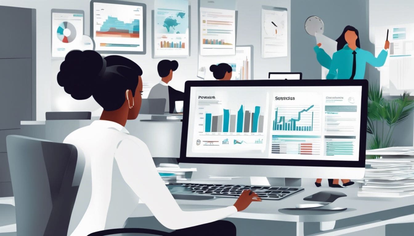 Persoon bekijkt financi&euml;le instellingen op kantoorcomputer.