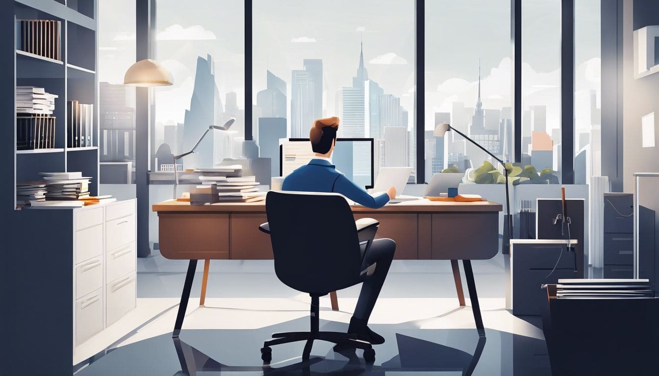 Een persoon zit aan een schone bureau omringd door kasten en papierwerk.