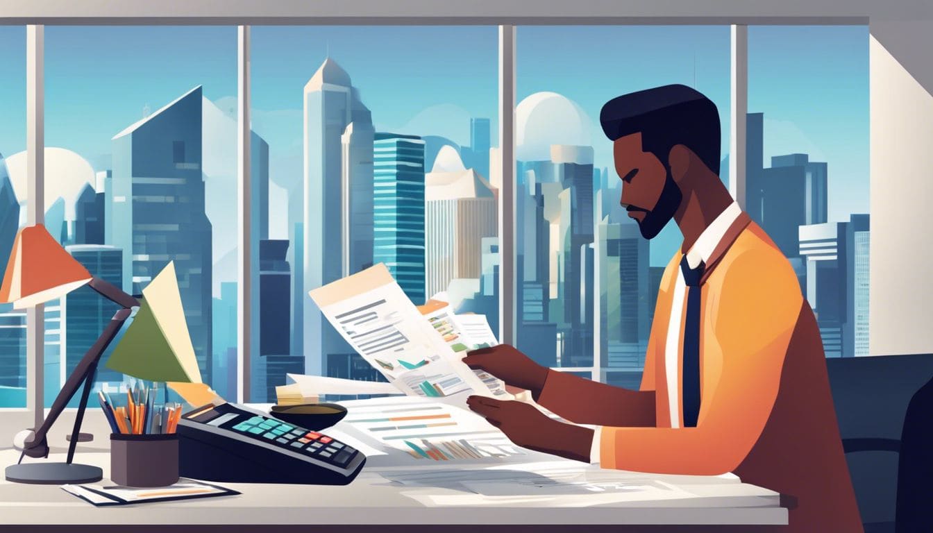 Een persoon organiseert financiële documenten en maakt foto's van de stad.