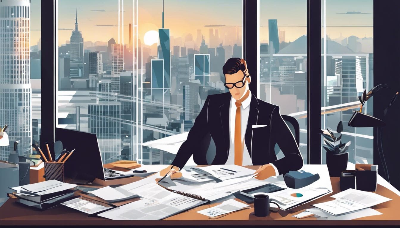 Een financieel professional werkt in een moderne kantooromgeving met uitzicht op de stad.