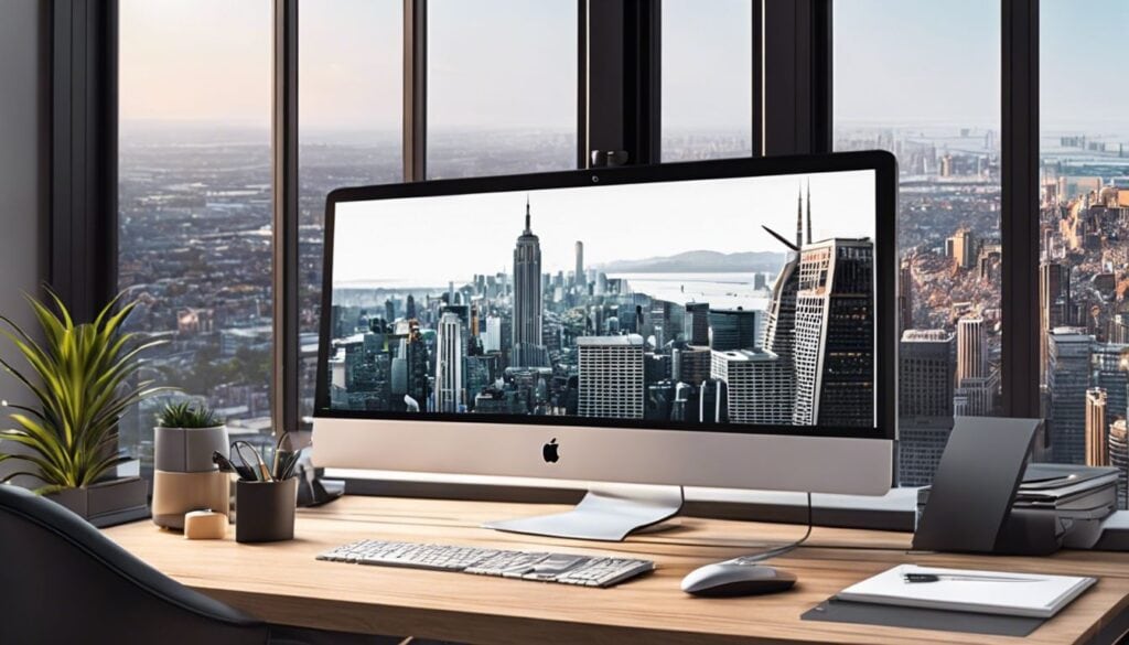 Een opgeruimd bureau met moderne kantoorbenodigdheden en een stadsgezicht.
