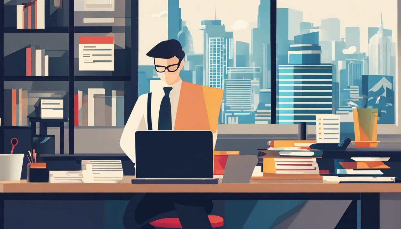 Een persoon werkt aan een schone werkplek met een computer en geordende papieren.