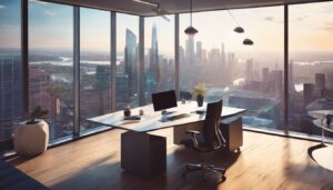 Een persoon die SnelStart-software gebruikt in een modern kantoor met uitzicht op de stad.