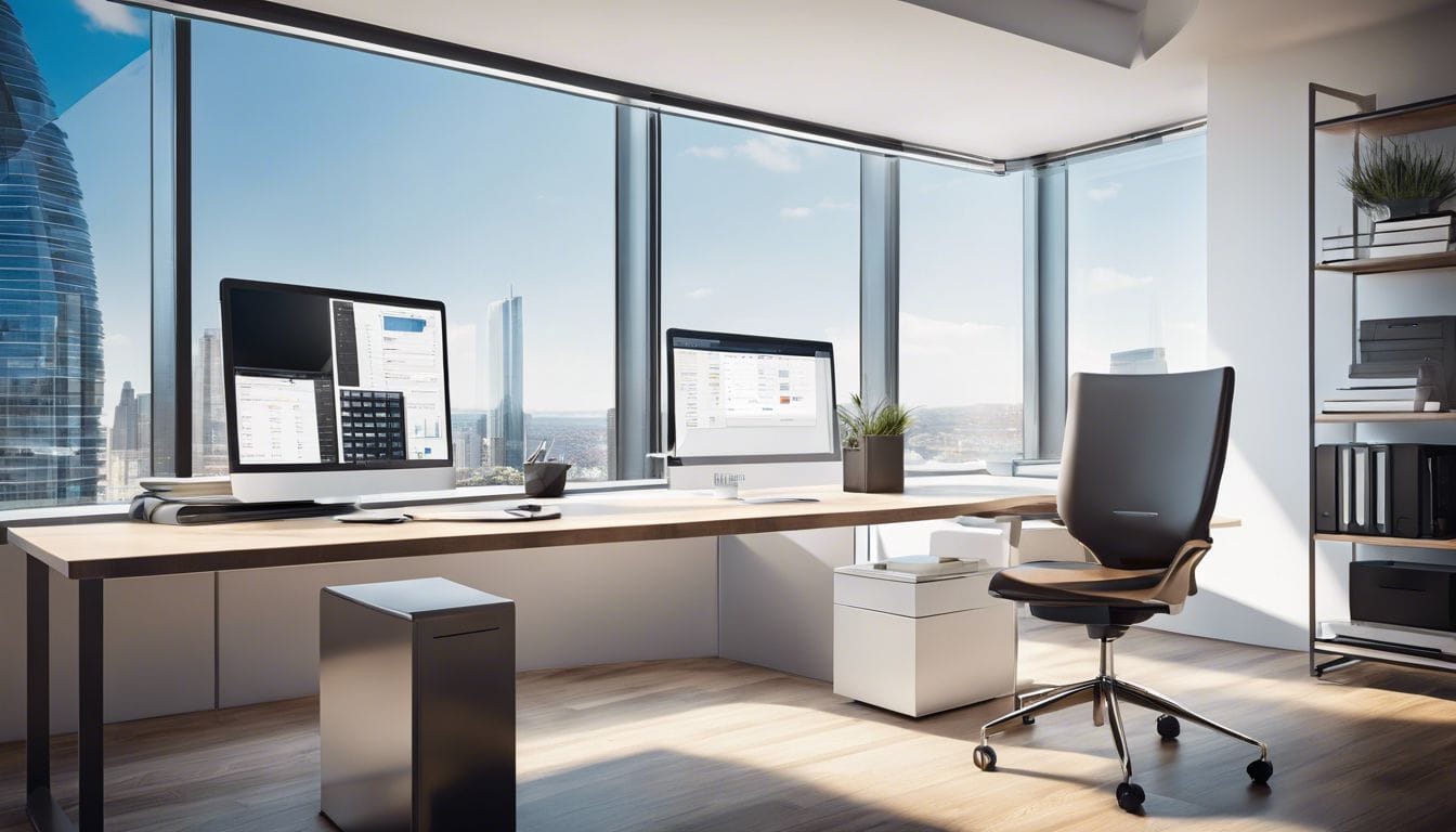 Een strak en modern kantoor bureau met computer en financi&euml;le documenten.