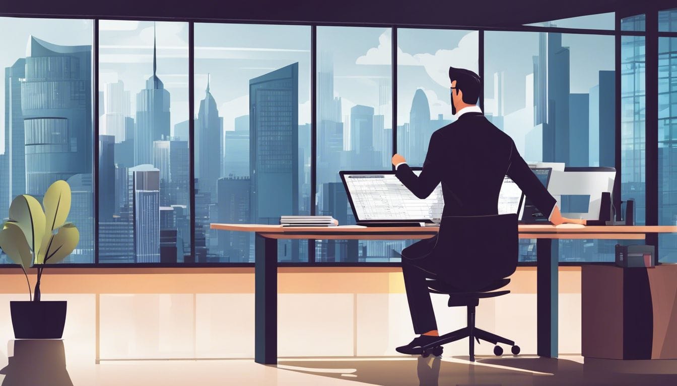 Een professionele accountant analyseert kortingsberekeningen in een moderne kantooromgeving.