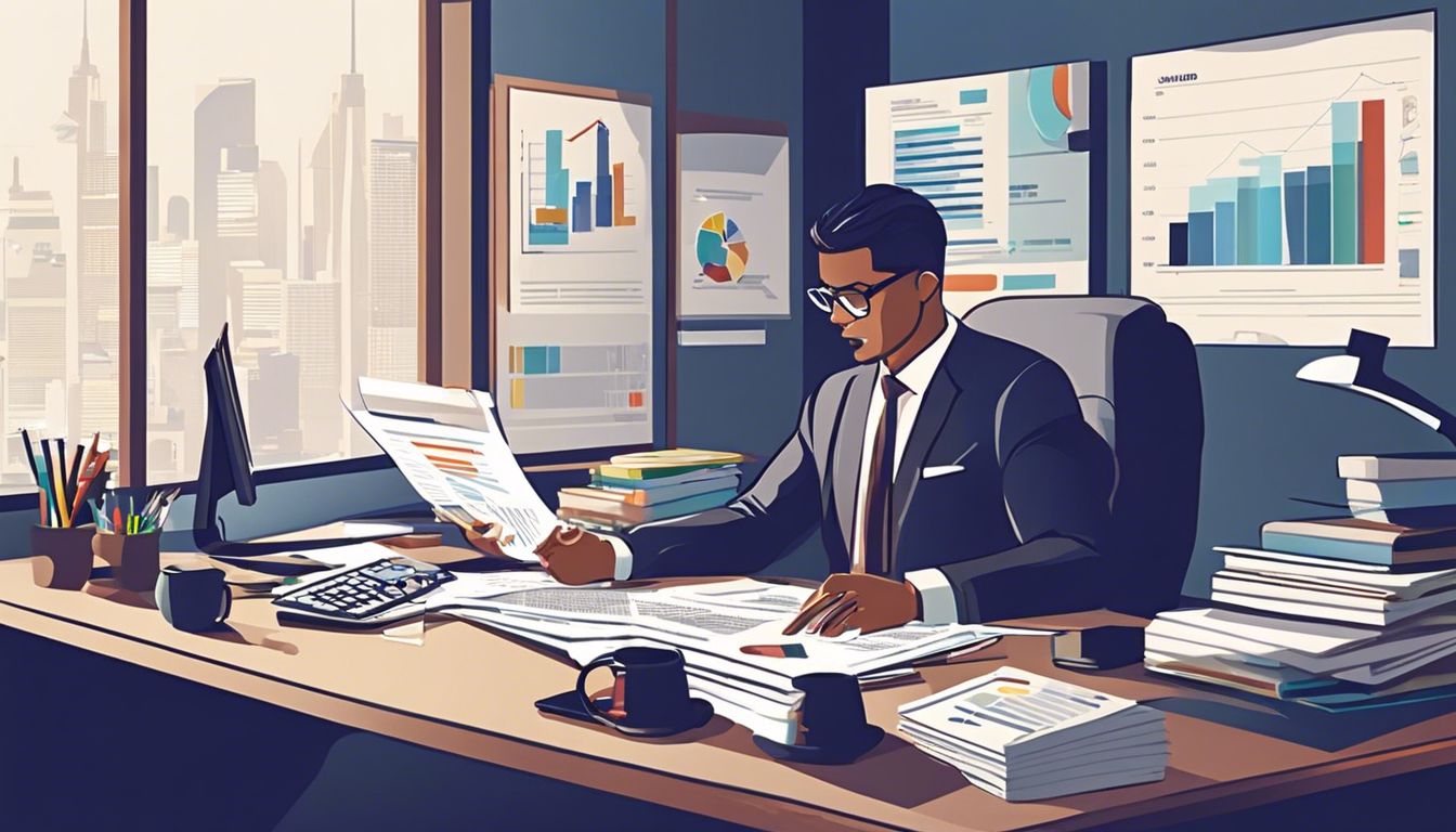 Een persoon organiseert en analyseert financi&euml;le documenten op een goed verlicht bureau.