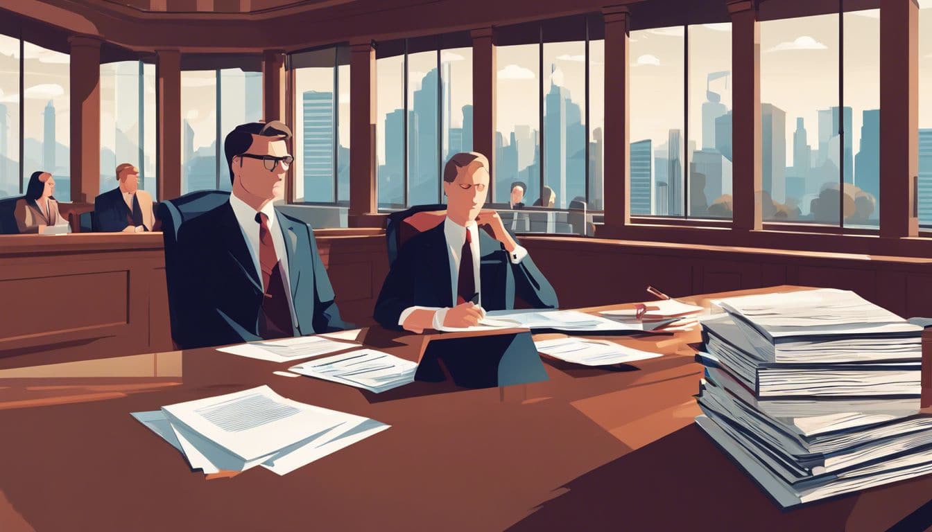 Persoon in rechtszaal met focus op stress en vastberadenheid.