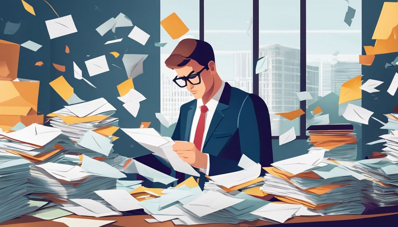 Een zakenpersoon sorteert door een stapel enveloppen in een chaotische kantooromgeving.