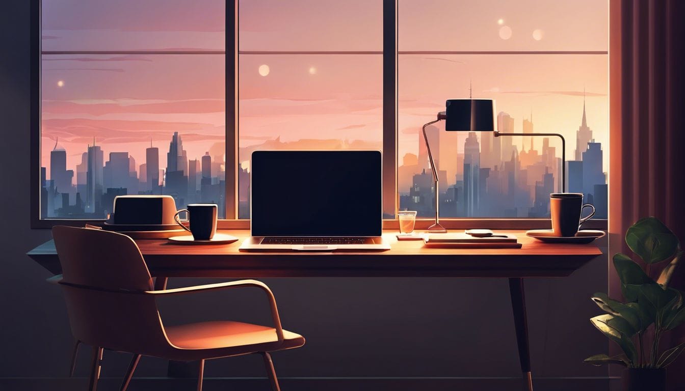 Een comfortabele thuiskantooropstelling met laptop, notitieboeken en een kop koffie.