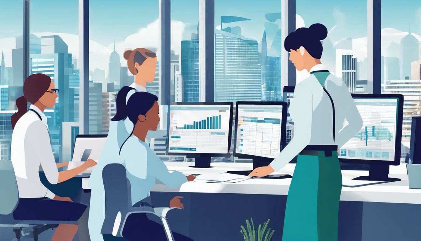Medische dossiers en administratief personeel werken samen in modern ziekenhuis. Medische dossiers en administratief personeel werken samen in modern ziekenhuis.