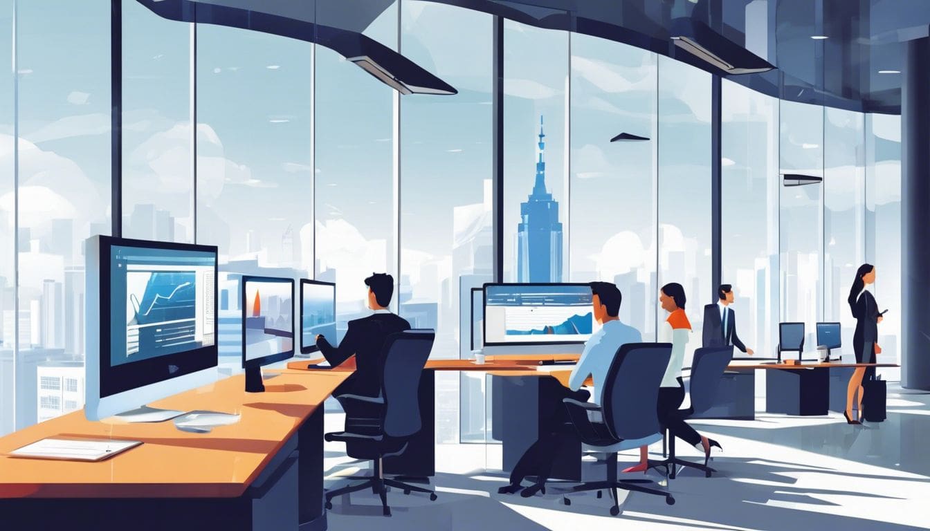 Analyse van data in moderne kantooromgeving met stadsuitzicht. Analyse van data in moderne kantooromgeving met stadsuitzicht.