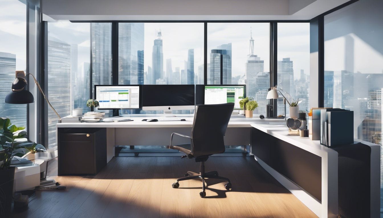 Een modern kantoor met computer, financi&euml;le documenten en stadsgezicht.