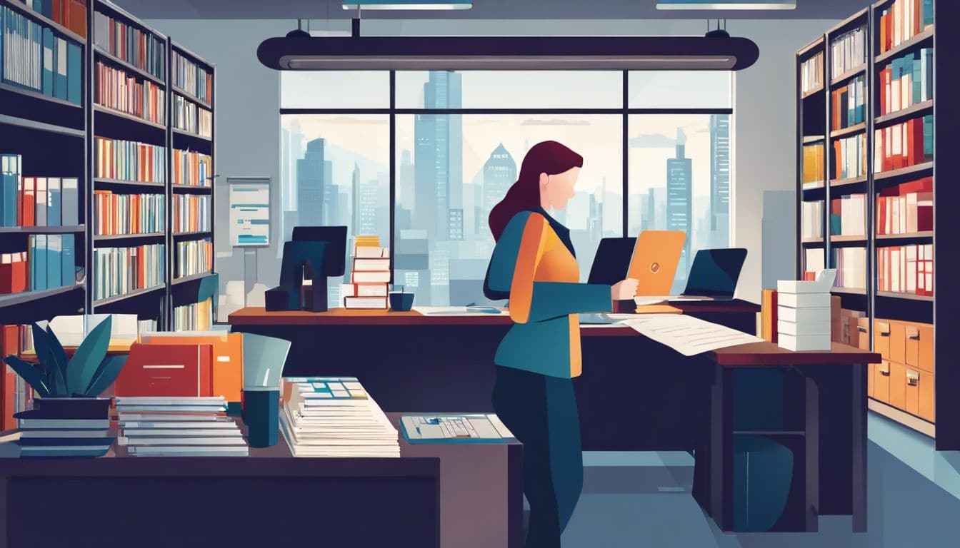 Een universiteitsregistrar onderhoudt studentenrecords in een moderne kantooromgeving, omringd door hoogbouw en drukke straten, waarbij de nadruk ligt op de nauwkeurige gegevensorganisatie en de stedelijke sfeer.