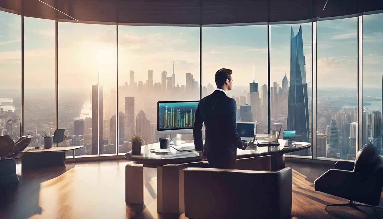 Een zakenman navigeert expert in meerdere bedrijven in een modern kantoor.