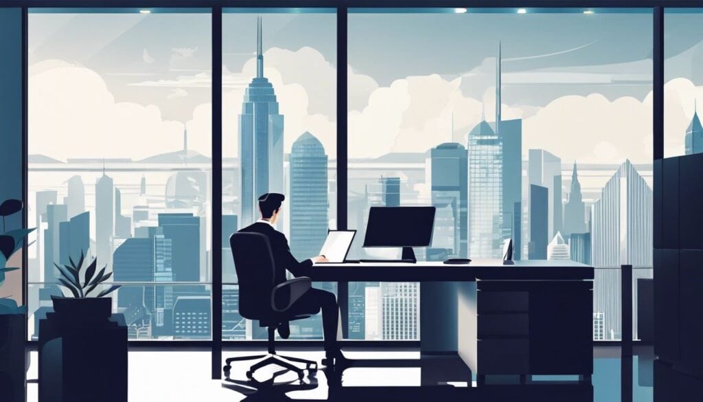 Een persoon analyseert financiële overzichten in een modern kantoor.