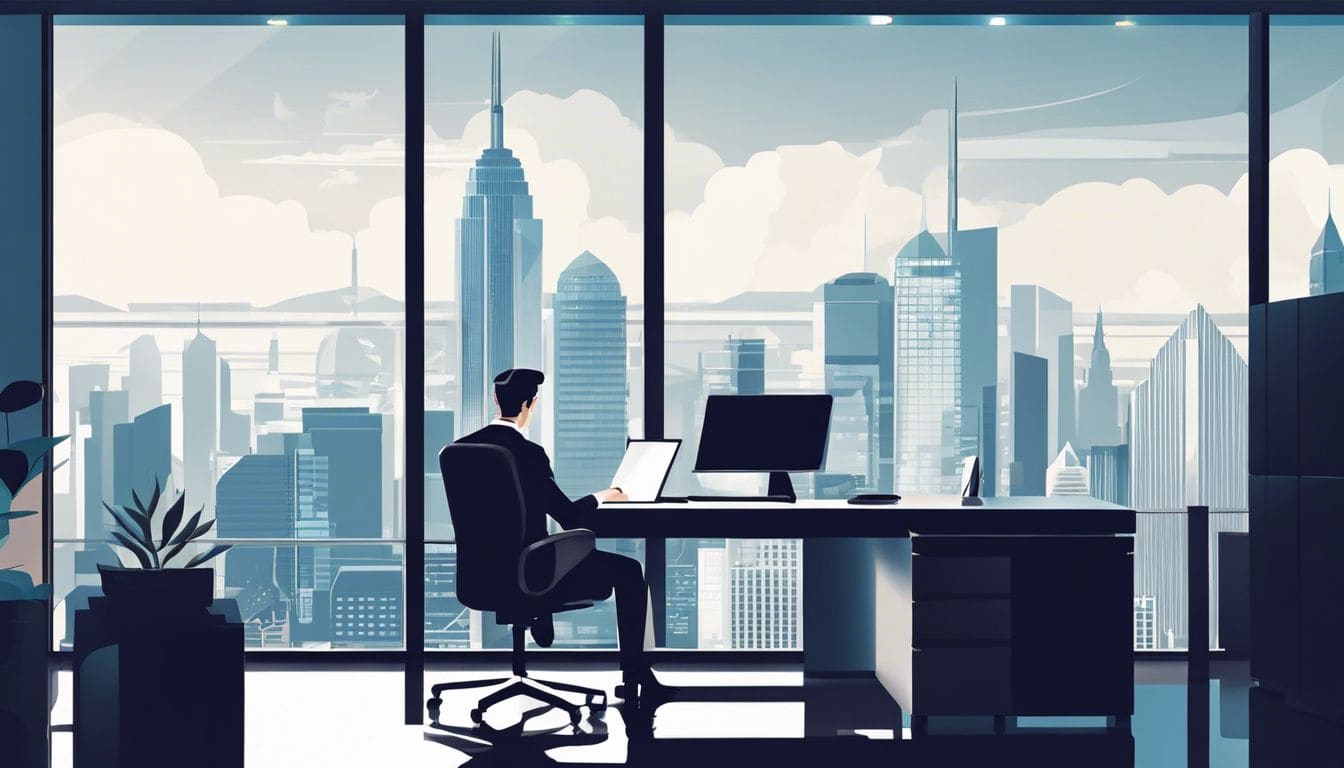 Een persoon analyseert financiële overzichten in een modern kantoor.