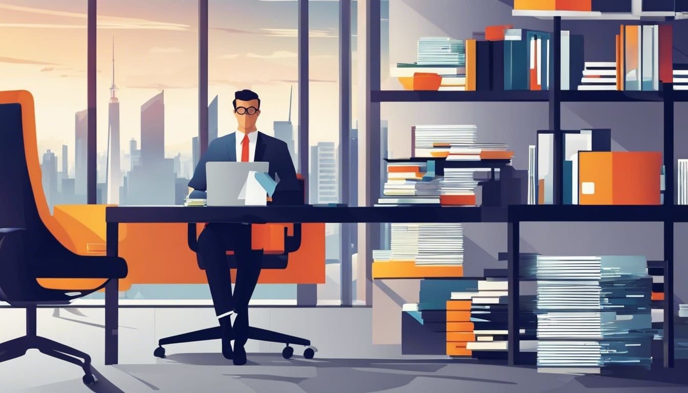 Een accountant bekijkt financi&euml;le rapporten in een moderne kantooromgeving.