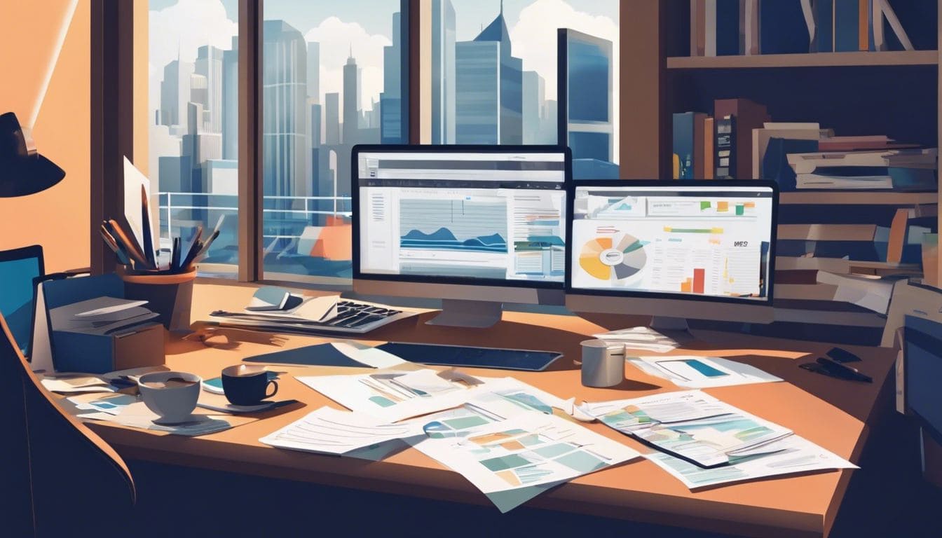 Een opgeruimd bureau met financi&euml;le documenten en laptop, met weerspiegeling van de stad in het raam.