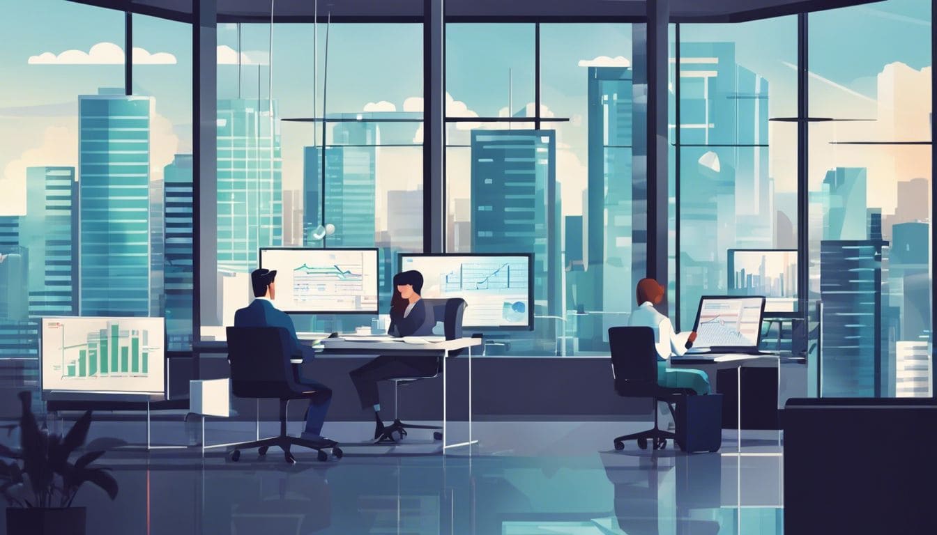 Gezondheidsprofessionals analyseren financi&euml;le gegevens in modern ziekenhuisbureau met stadsgezicht.