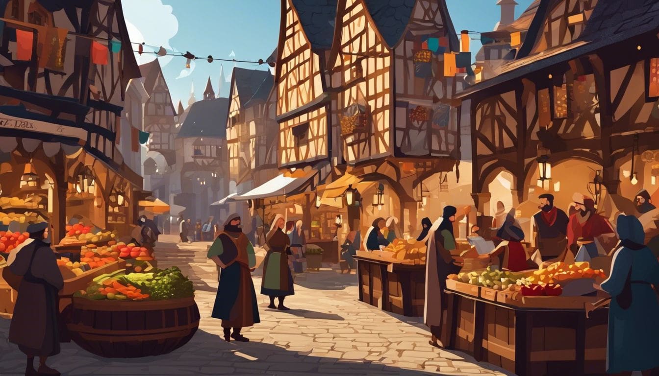 Een bruisende middeleeuwse marktplaats vol handel en bedrijvigheid.