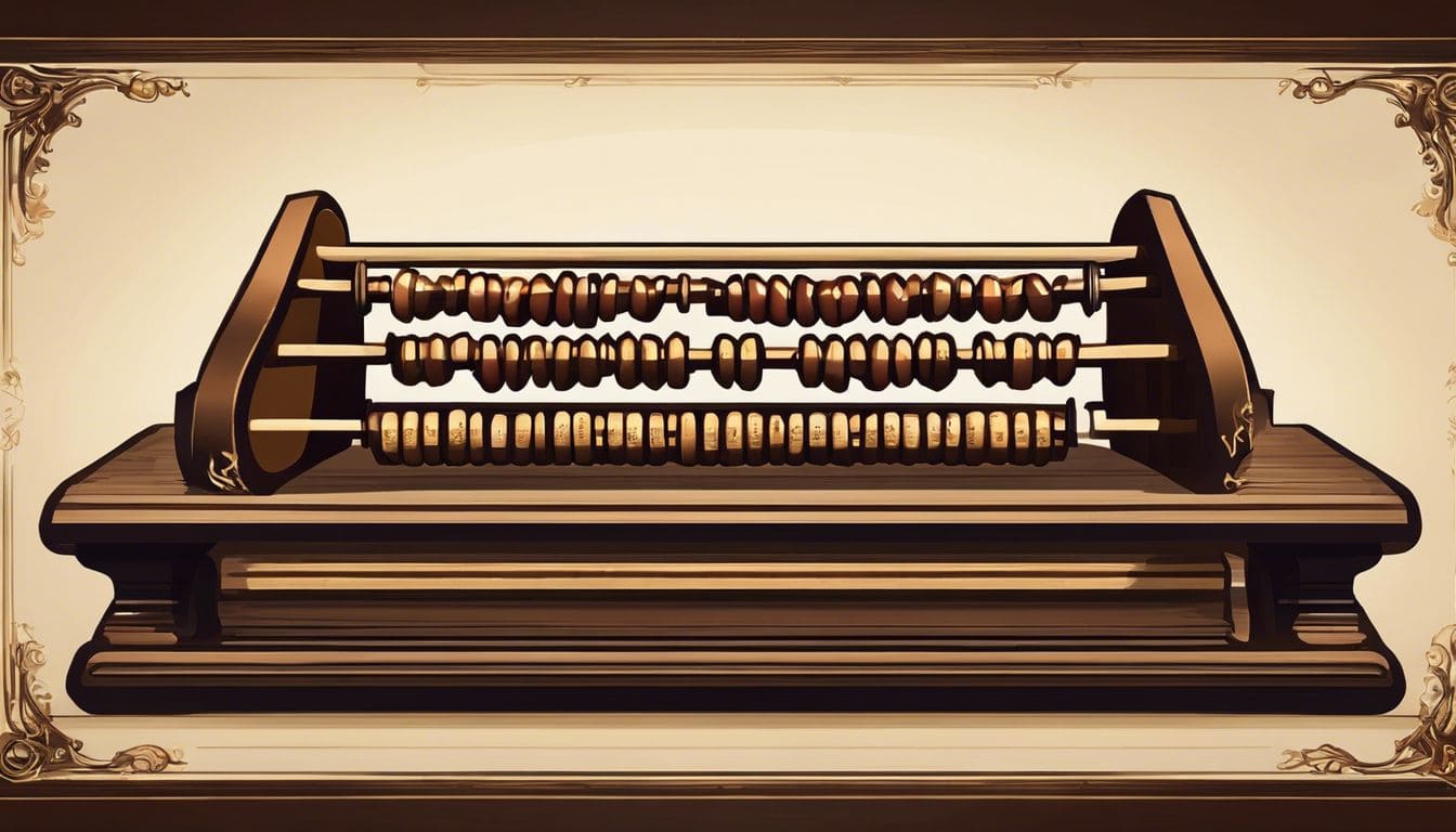 Een historische rekenmachine op een antiek bureau met perkamentrollen.