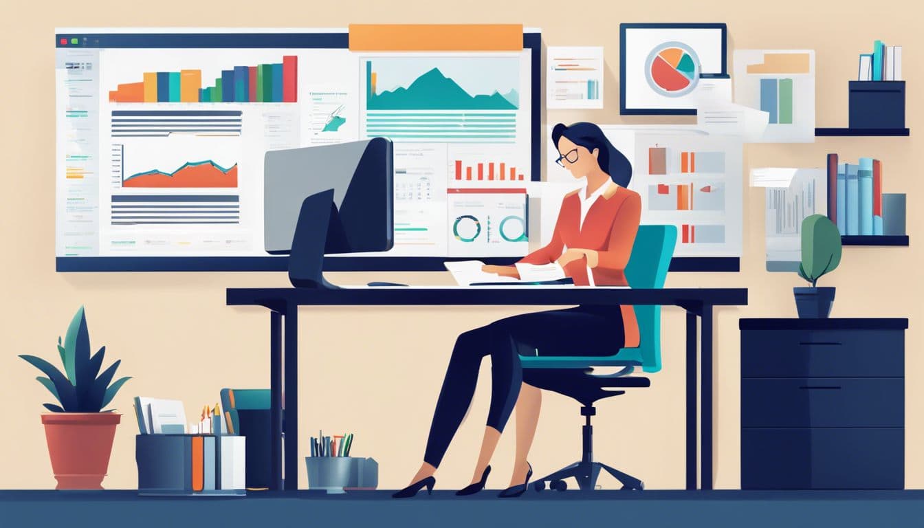 Een persoon die accounting software gebruikt in een moderne kantooromgeving.