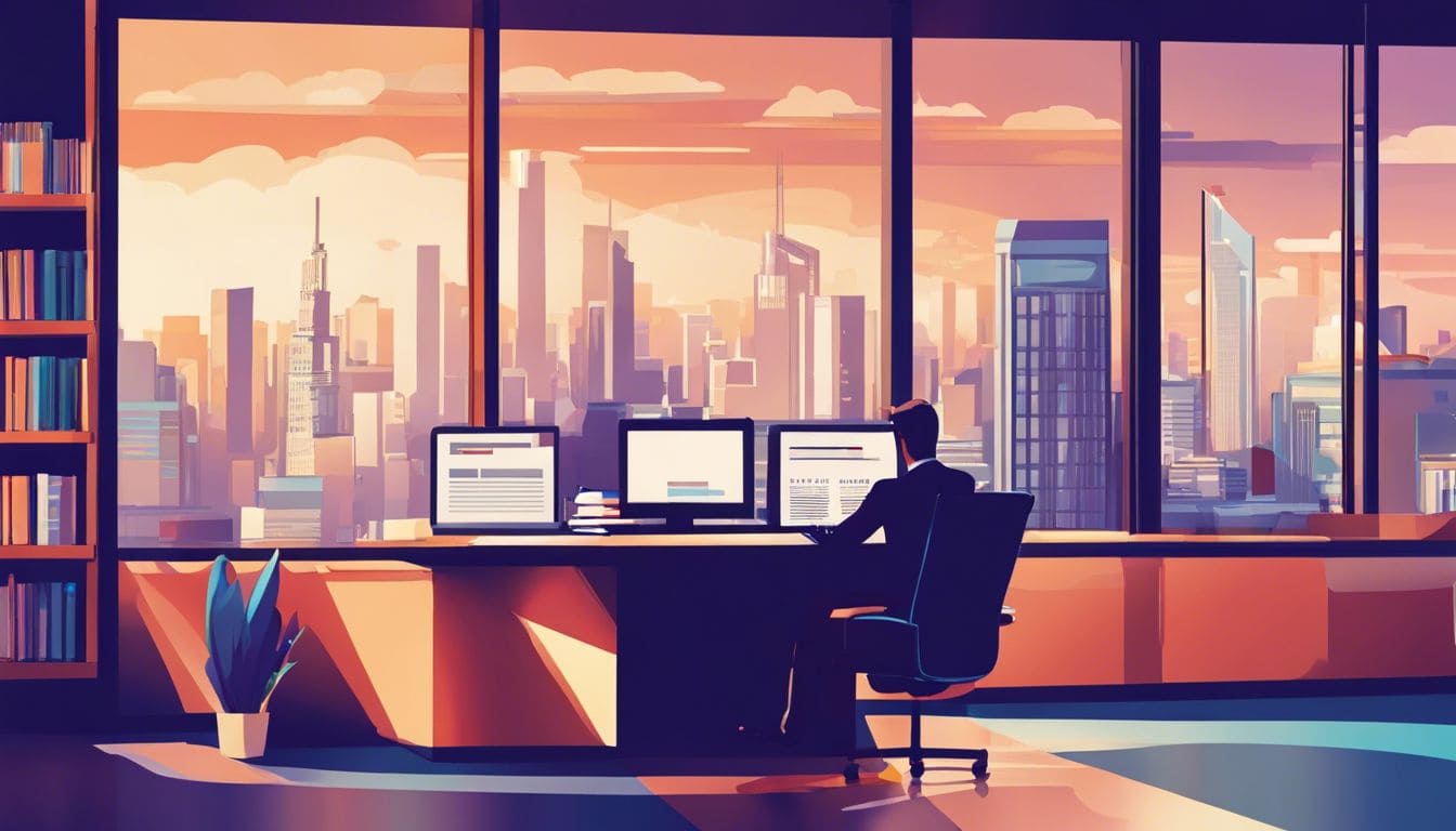 Een persoon bestudeert een boekhoudkundig leerboek in een modern kantoor.